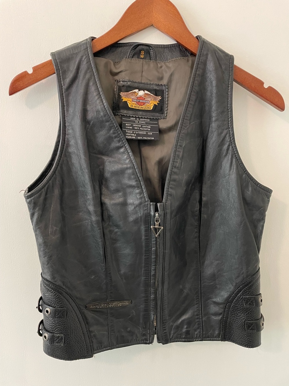 Harley Davidson Genuine Leather Vest Women Black Zip Side Clasps Size Small